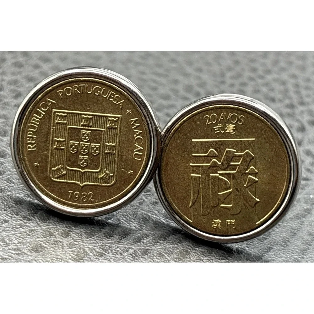 VTG Portuguese Macau 20 Anos 1982 Asian Coin Cufflinks Brass Tone Silver Tone